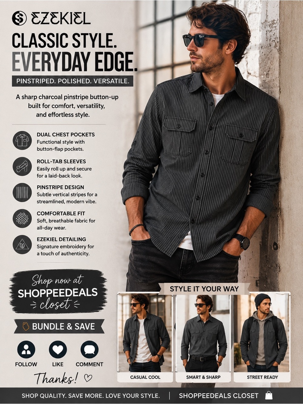 Ezekiel Charcoal Gray Pinstripe Button-Up Shirt – Men’s